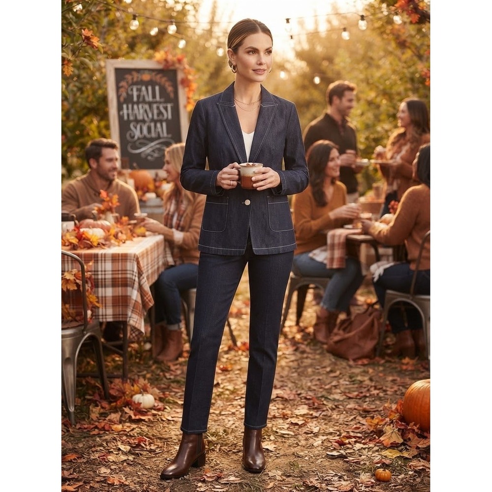 Rachel Zoe Womens Dark Wash Denim Blazer Contrast Stitch Single Button Jacket S